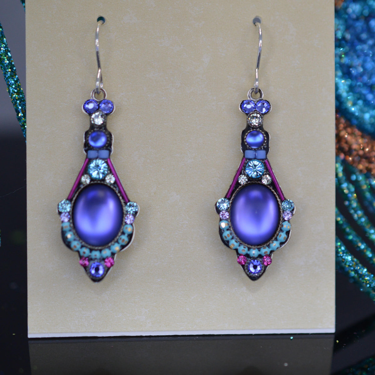 Antique Silver Plate Large Moonlight Drop Earrings With Tanzanite Color Crystals By Firefly