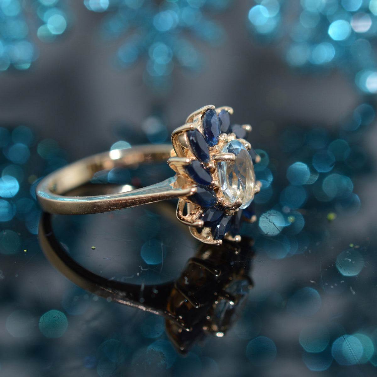 14K Yellow Gold Oval Aquamarine & Marquise Sapphire Spiral Ring