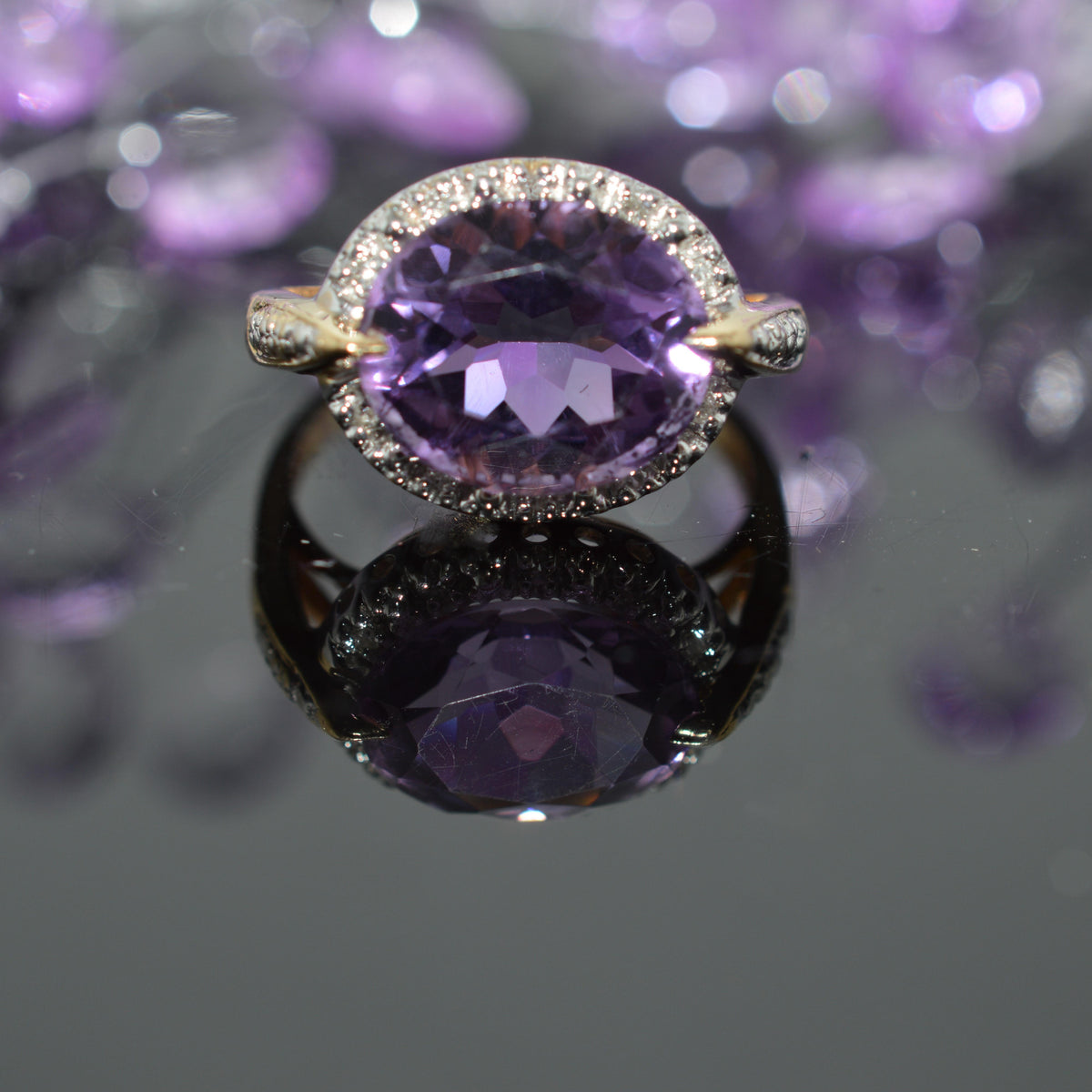 10K Yellow Gold Ring With Diamonds And Sideways Set Oval Amethyst
