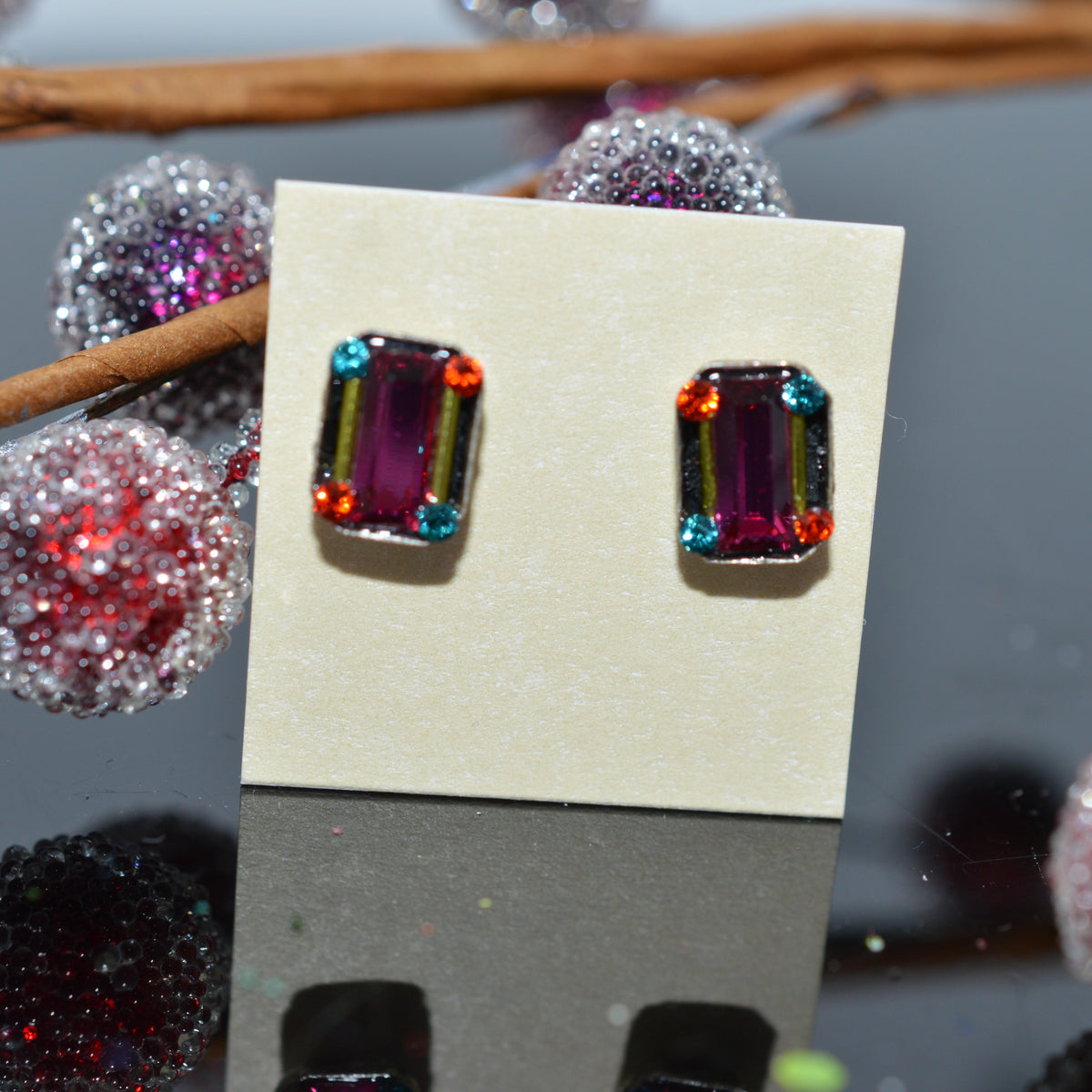 Antique Silver Plated Rectangular Multi-Color Crystal Earrings by Firefly