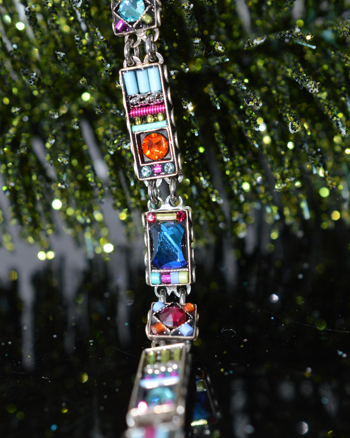 Antique Silver Plate Milano Rectangle Bracelet With Multi-Color Crystals by Firefly