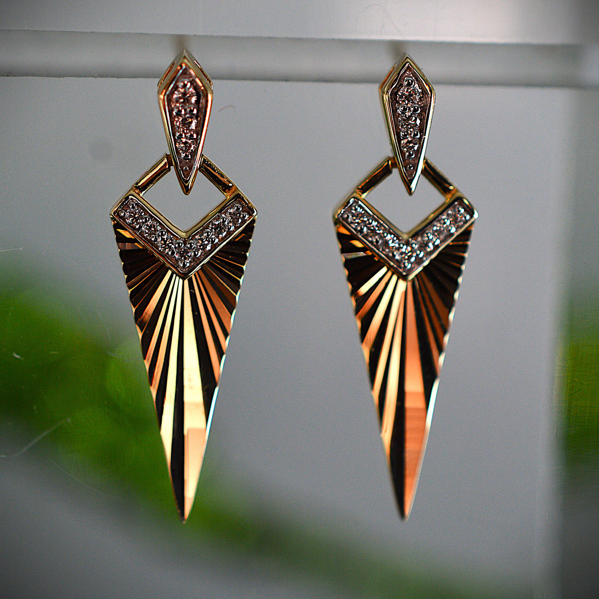 14K Yellow Gold Art Deco Style Chevron Sunburst Drop Earrings With Diamonds