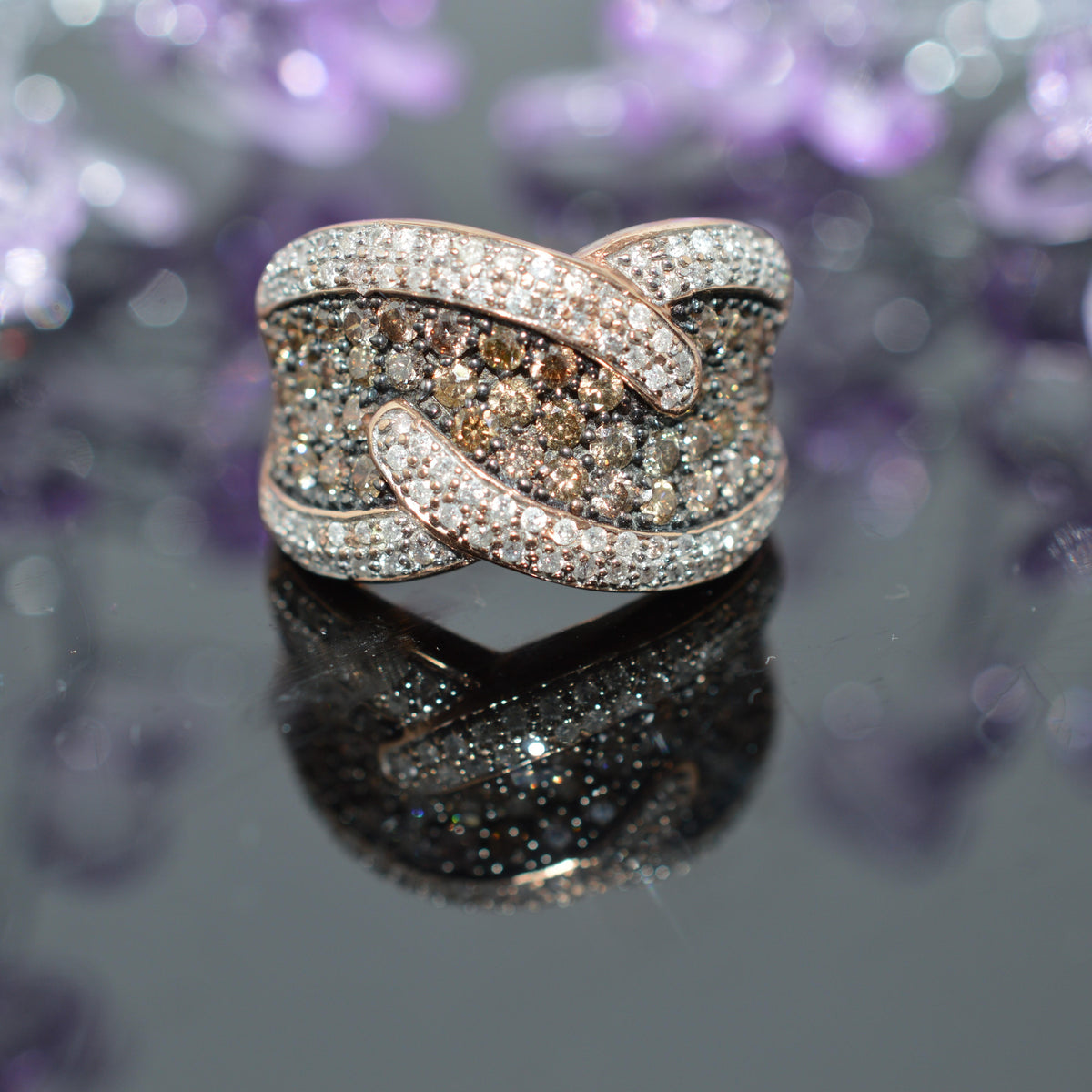 10K Rose Gold Beautiful Wide Band Ring With Brown & White Diamonds