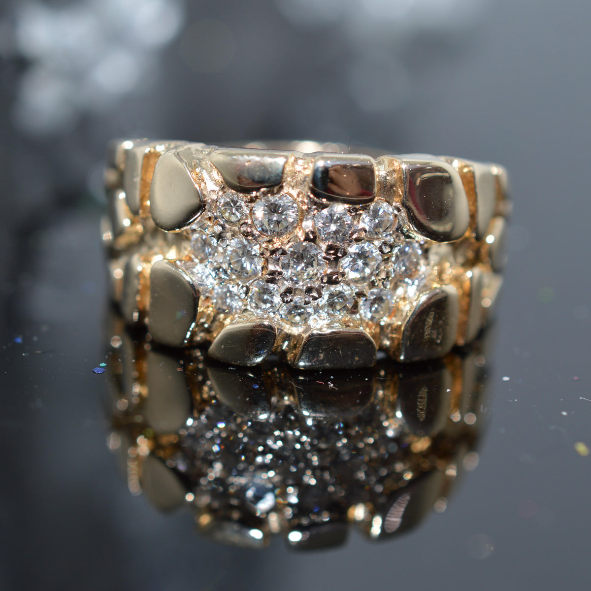 14K Yellow Gold Gents Diamond Cluster Nugget Ring