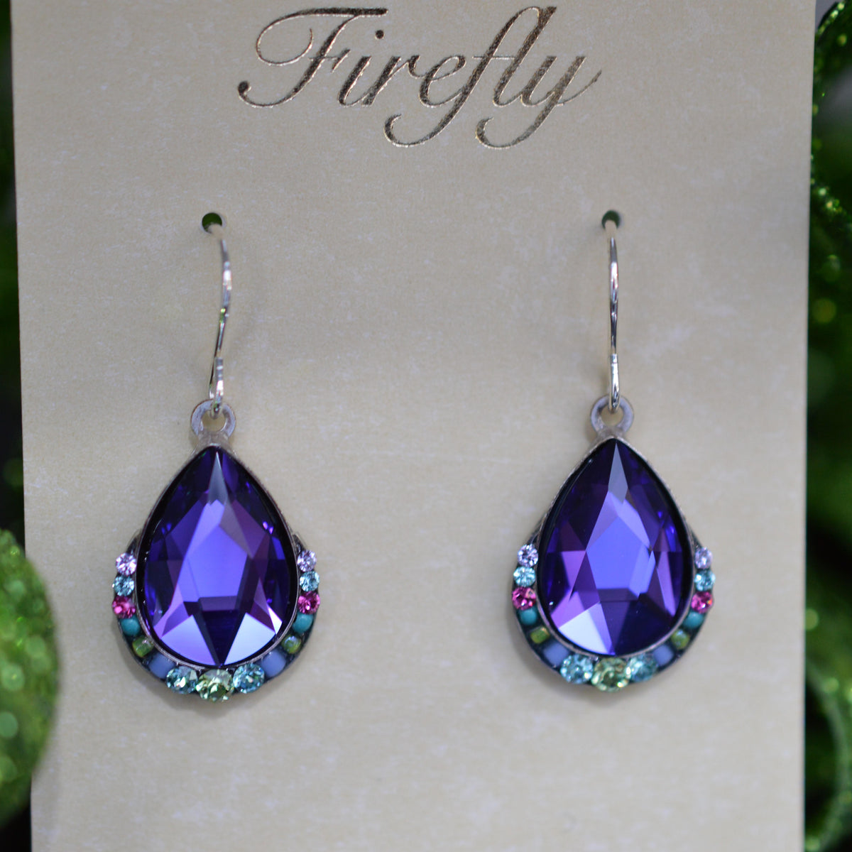 Antique Silver Plate Carmel Teardrop Earrings With Purple Crystals By Firefly