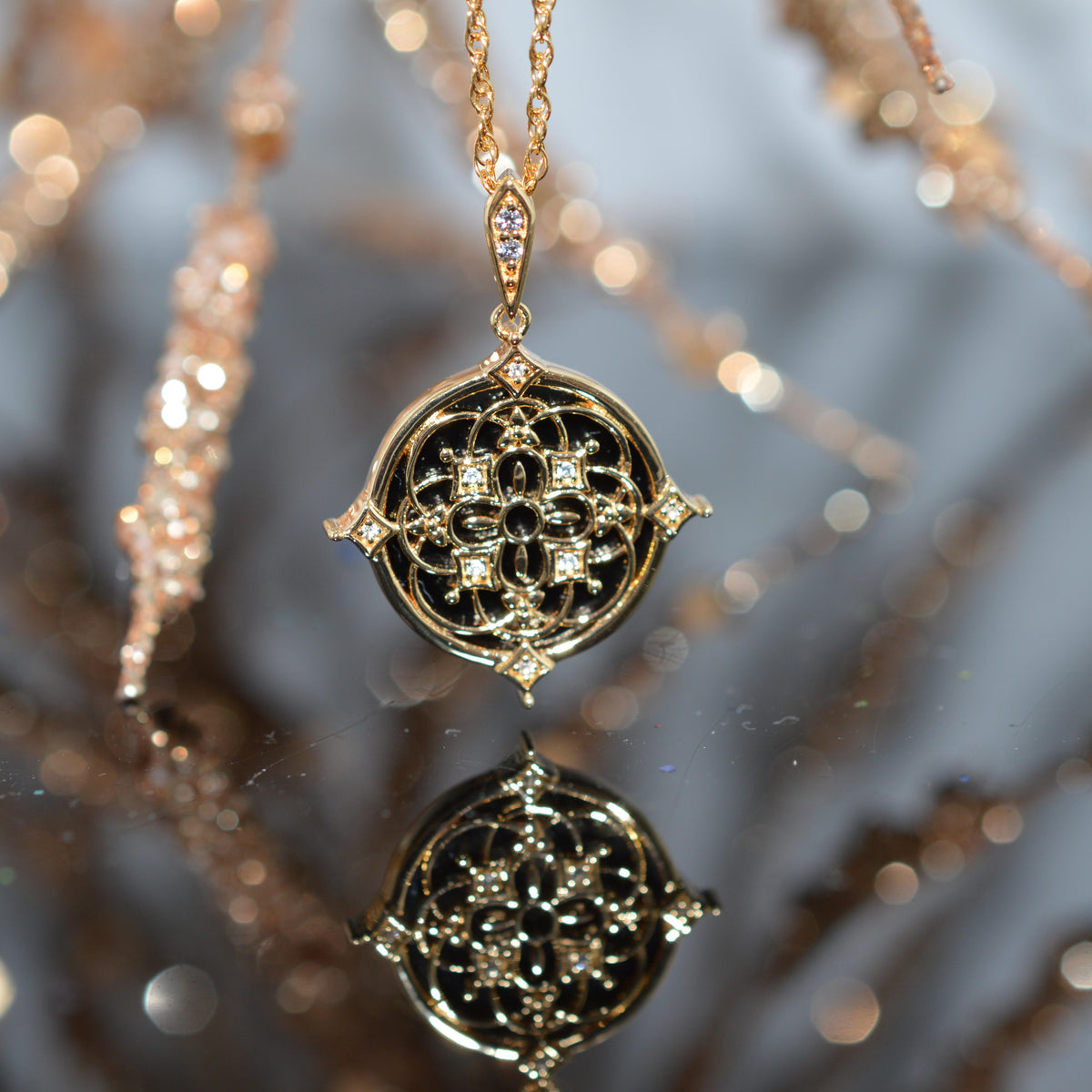 Gold Vermeil Chain & Pendant With A Round Black Onyx & White Sapphires