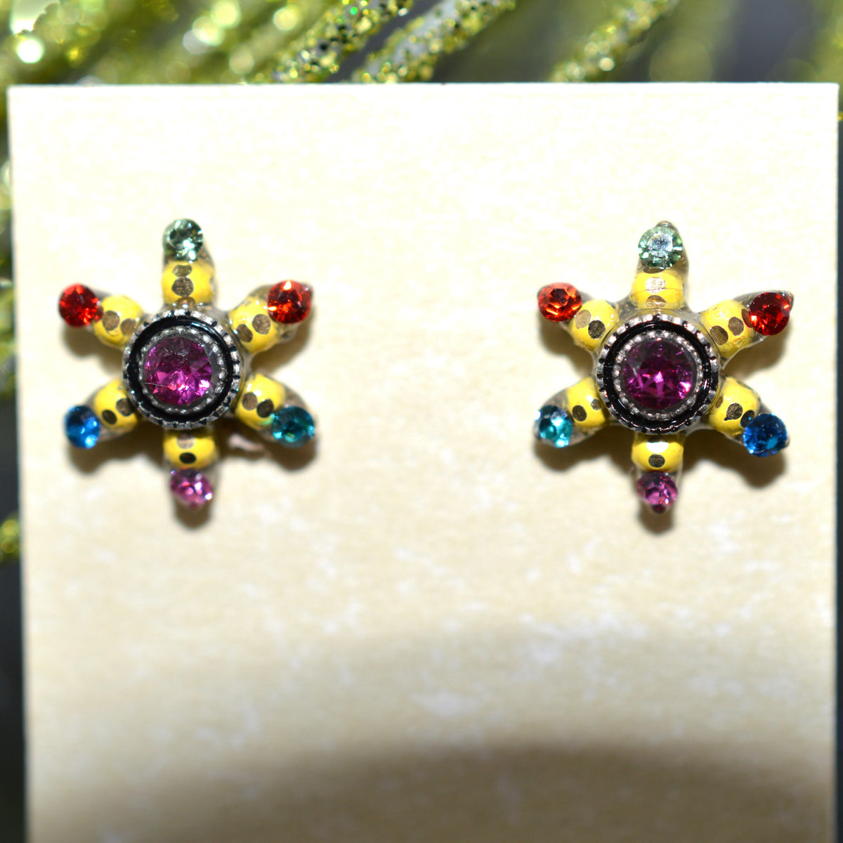 Antique Silver Plated Sun Flower Stud Earrings With Multi-Color Crystals by Firefly