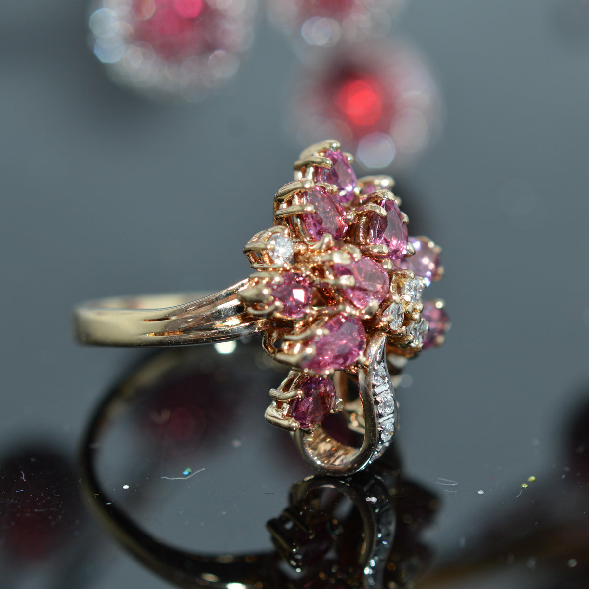 14K Two Tone Gold Ruby & Diamond Cluster Ring