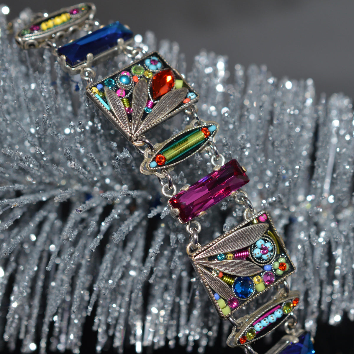 Antique Silver Plate Wide Botanical Bracelet With Multi-Color Crystals by Firefly