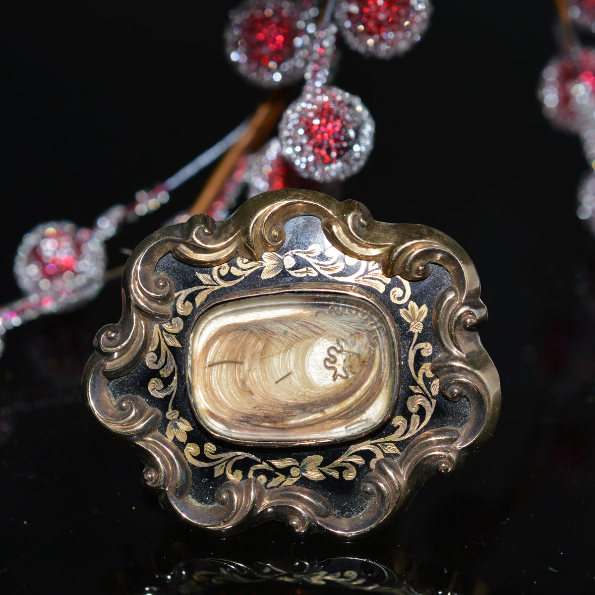 14K Yellow Gold Antebellum Memorial Brooch With Locks Of Hair & Engraving