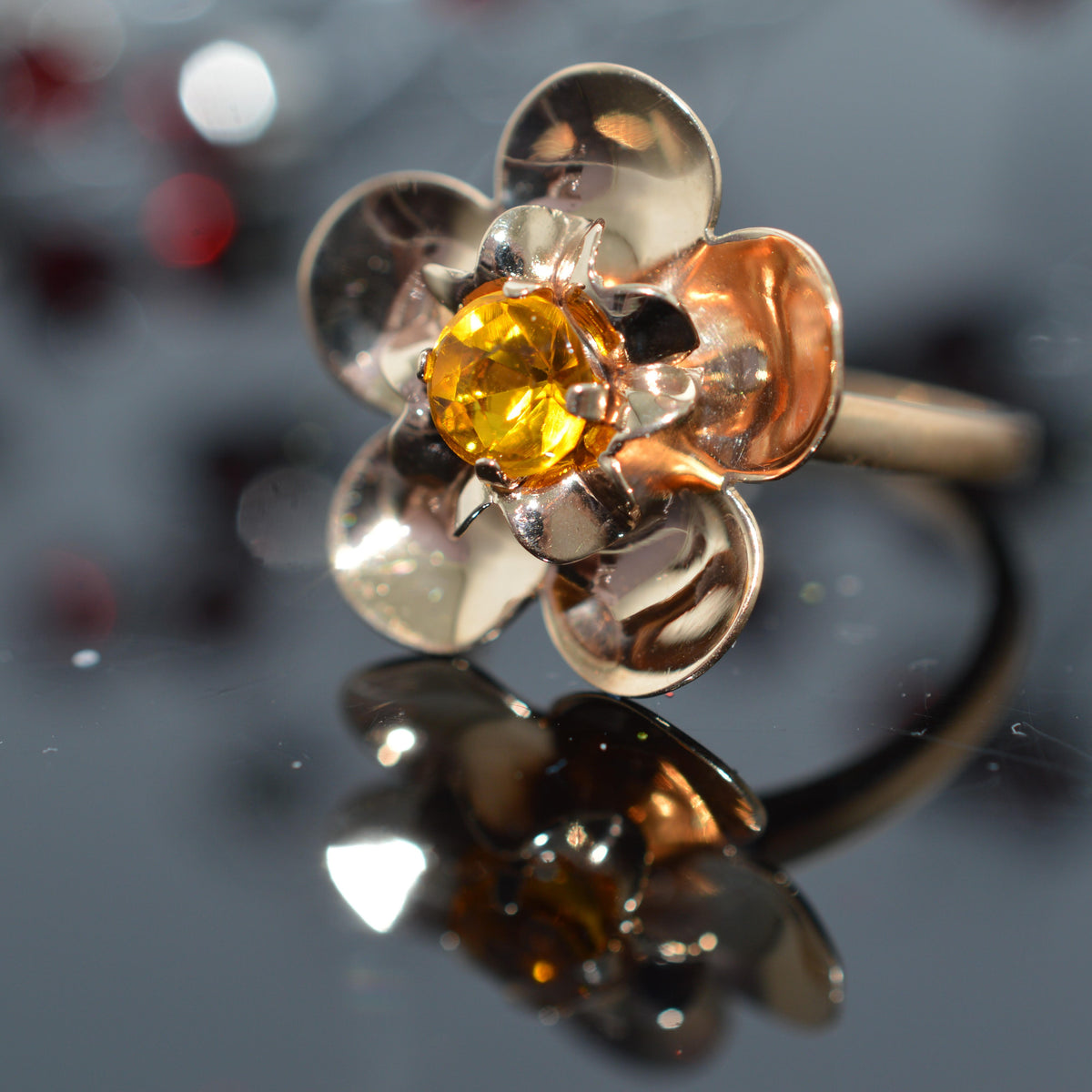 10K Yellow Gold Flower Ring With Citrine Center