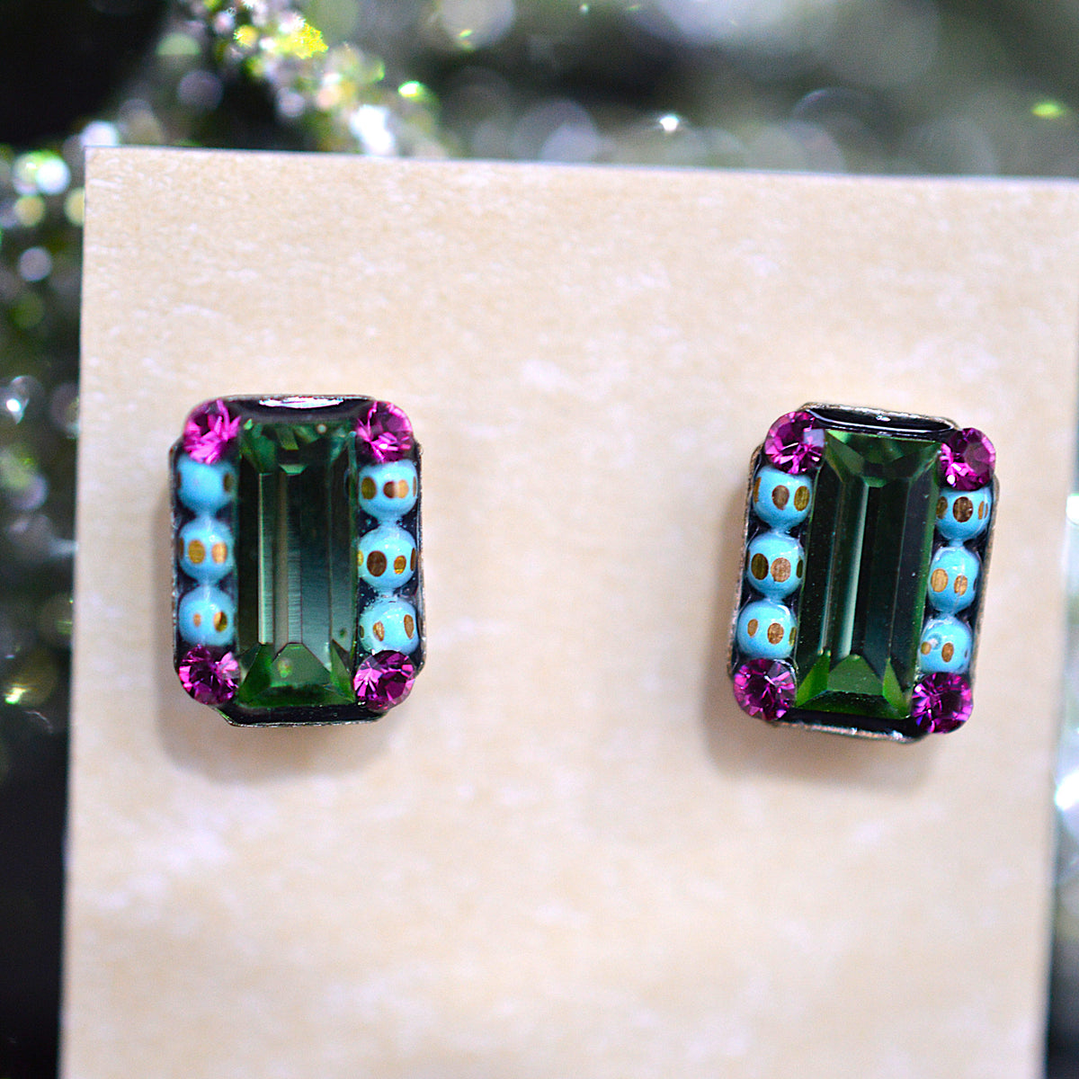 Antique Silver Plated Green Rectangular Stud Earrings With Multi-Color Crystals by Firefly