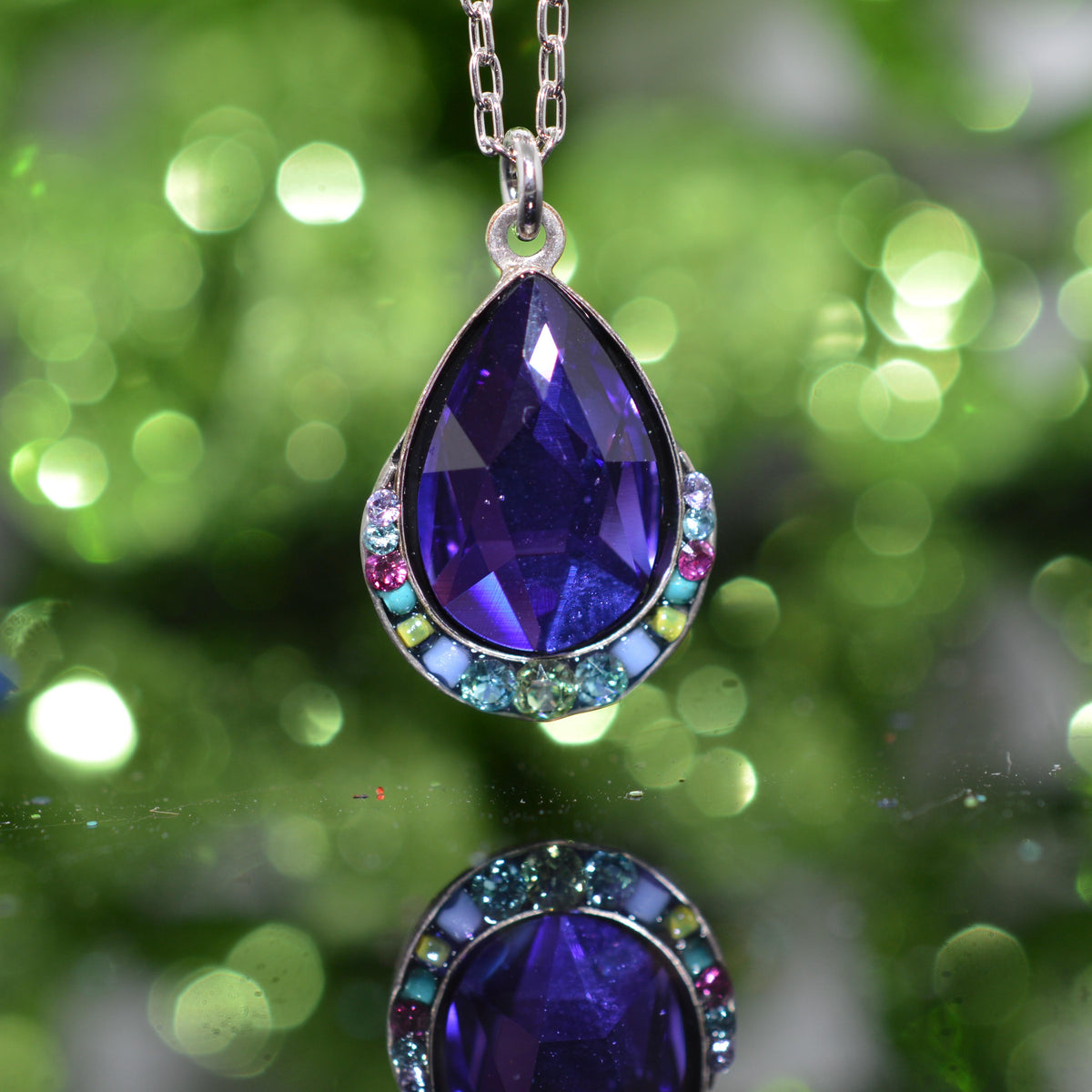 Antique Silver Plated Carmel Drop Purple Crystal Pendant by Firefly