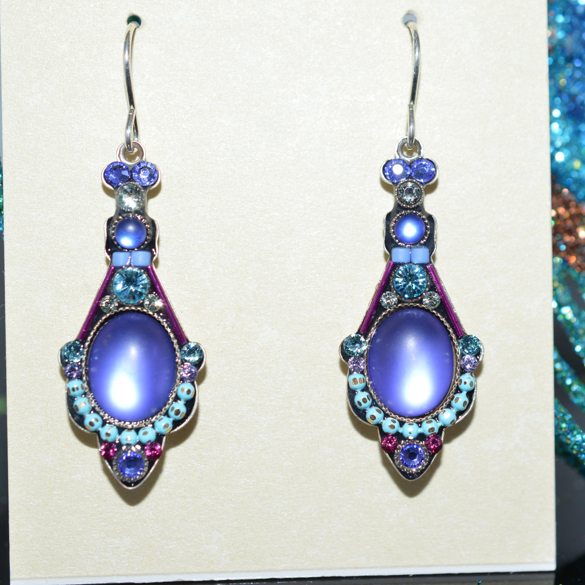 Antique Silver Plate Large Moonlight Drop Earrings With Tanzanite Color Crystals By Firefly