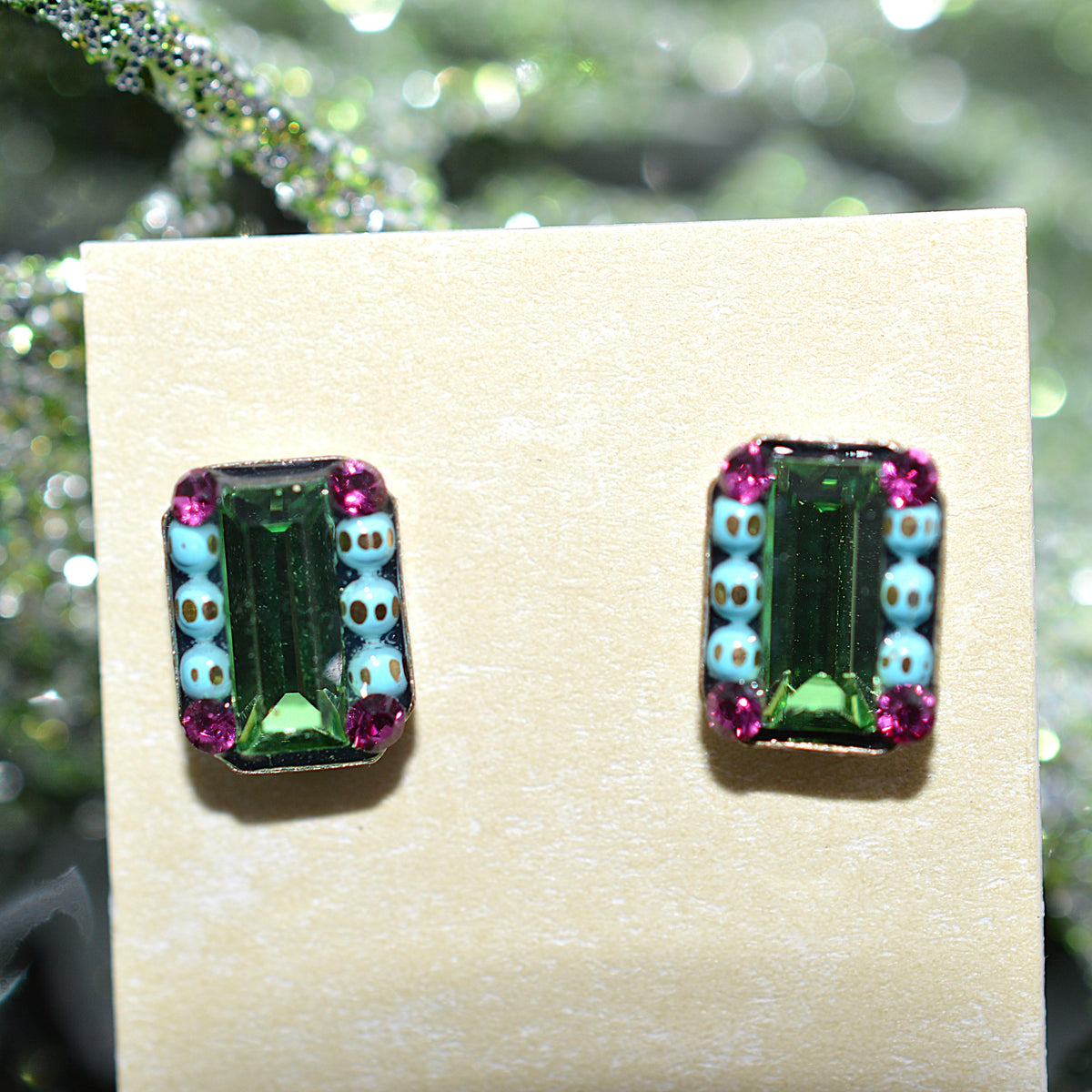 Antique Silver Plated Green Rectangular Stud Earrings With Multi-Color Crystals by Firefly