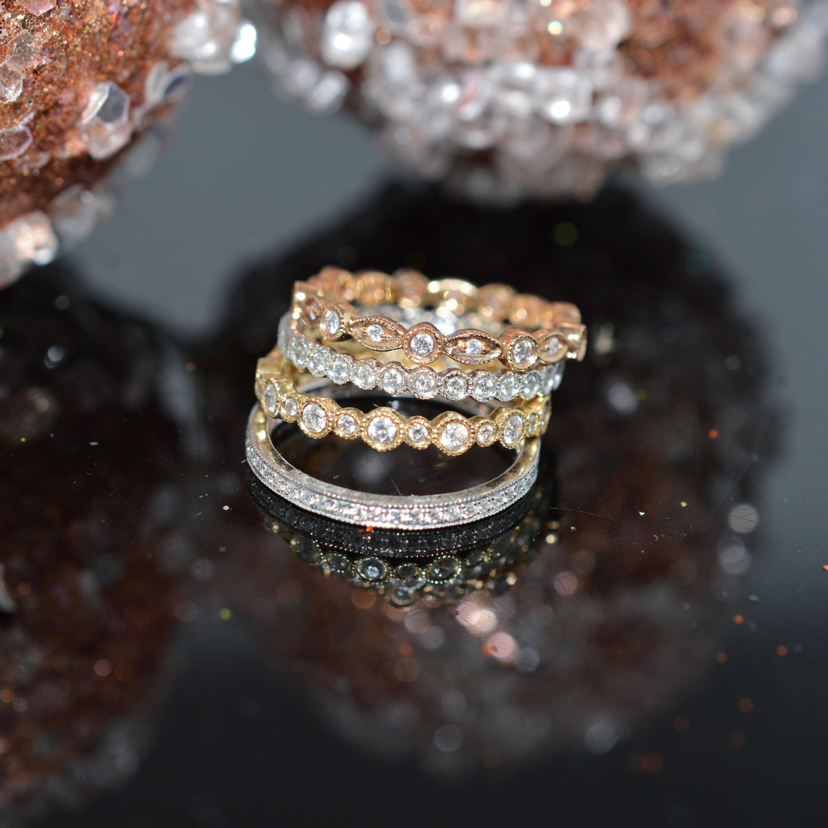 18K White, Yellow, &amp; Rose Gold Set Of 4 Diamond Eternity Rings