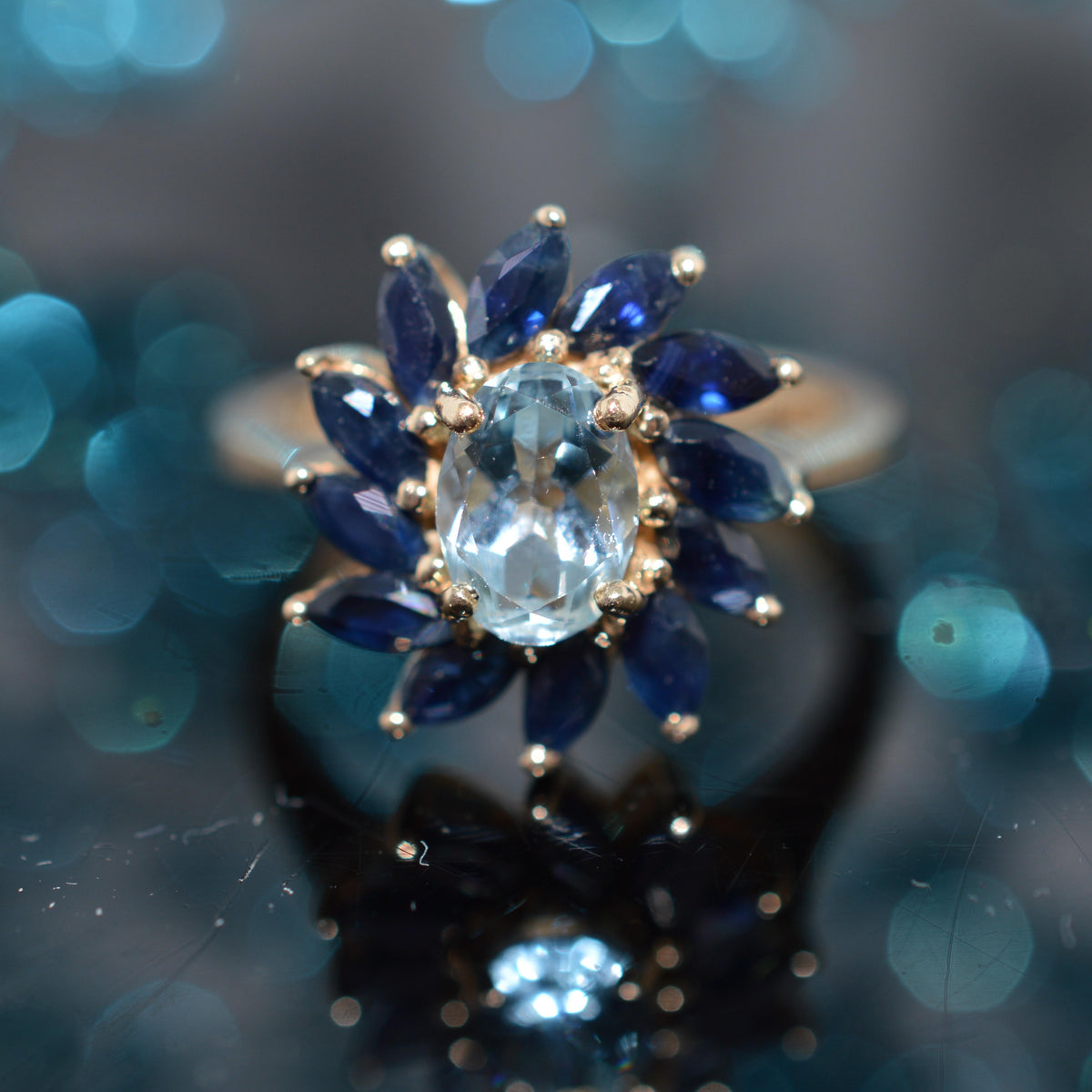 14K Yellow Gold Oval Aquamarine & Marquise Sapphire Spiral Ring