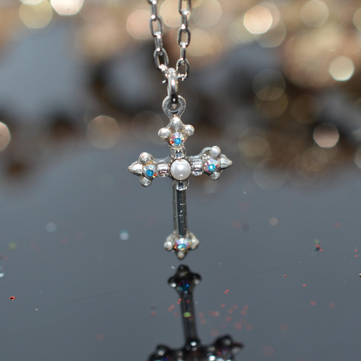 Antique Silver Plated Dainty White/Pearl Crystal Cross Pendant by Firefly