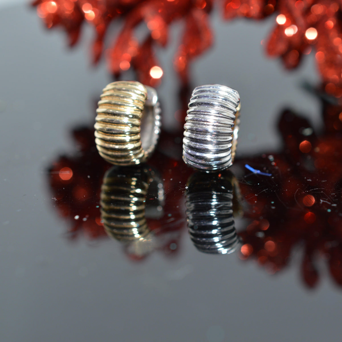 14K Two Tone Gold Reversible Ribbed Huggie Earrings