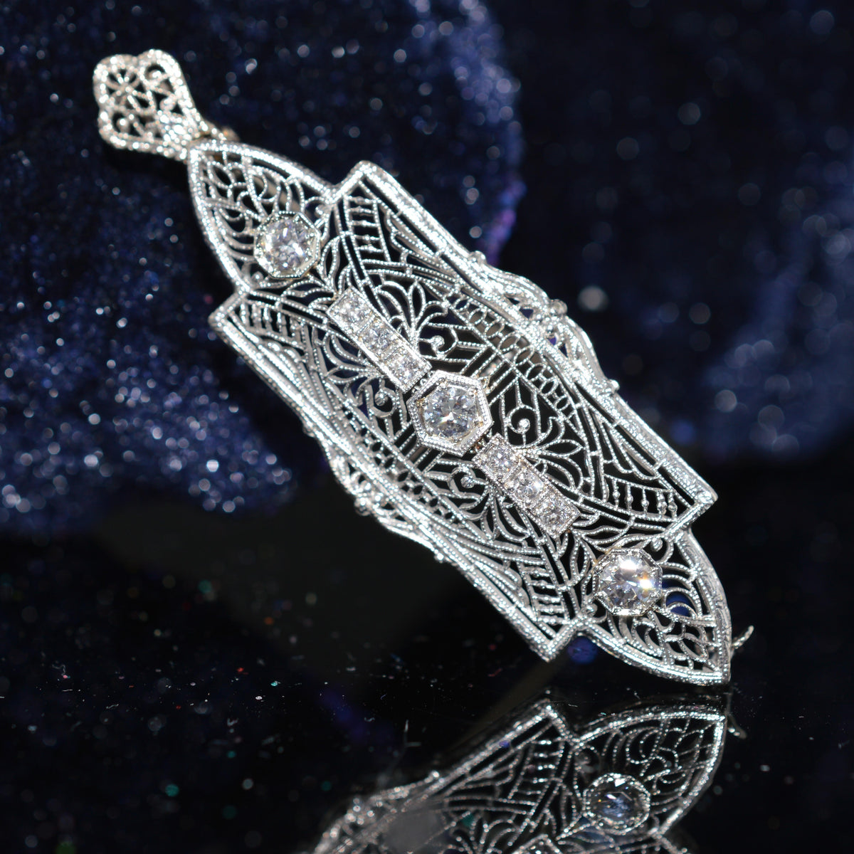 14K White Gold Antique Filigree Diamond Pin & Pendant