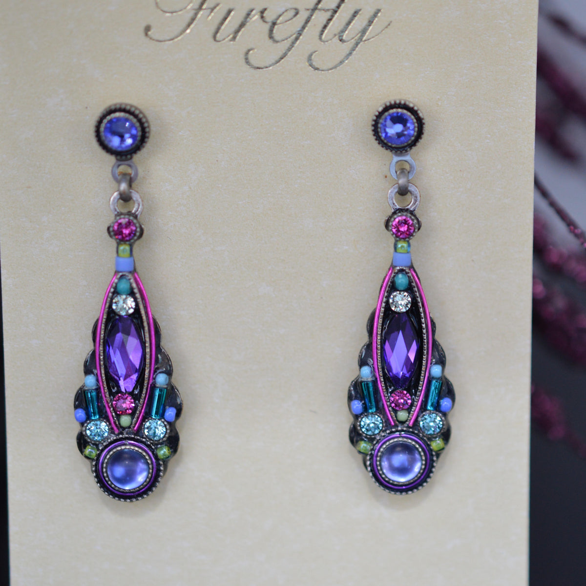 Antique Silver Plate Slim Navette Drop Earrings With Tanzanite Color Crystals By Firefly