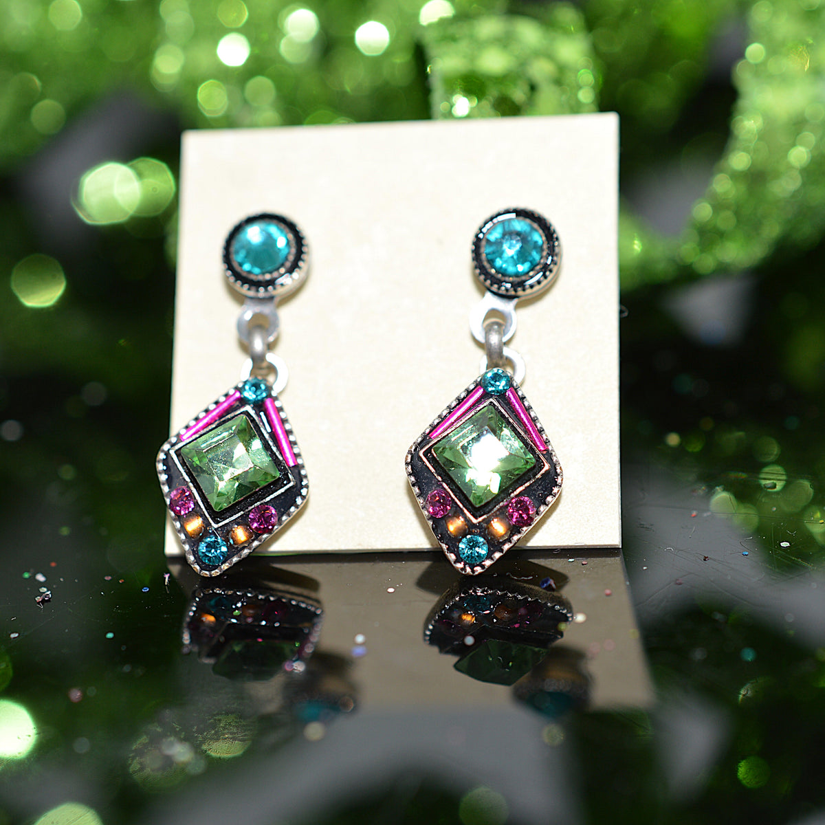 Antique Silver Plated Architectural Dangle Stud Earrings With Multi-Color Crystals by Firefly