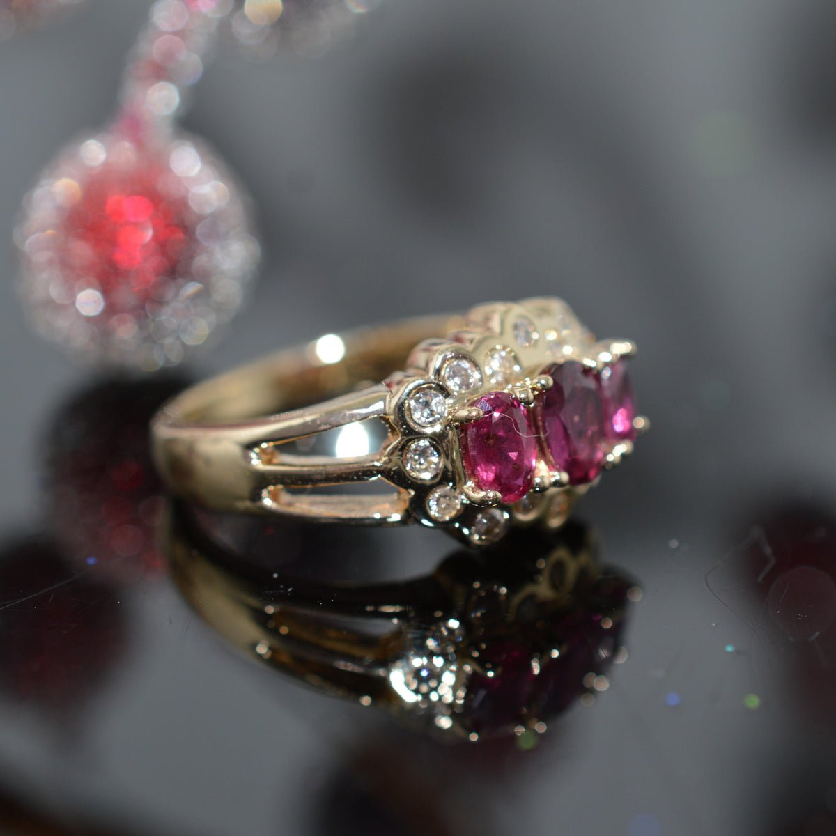 14K Yellow Gold 3 Oval Genuine Ruby & Diamond Ring