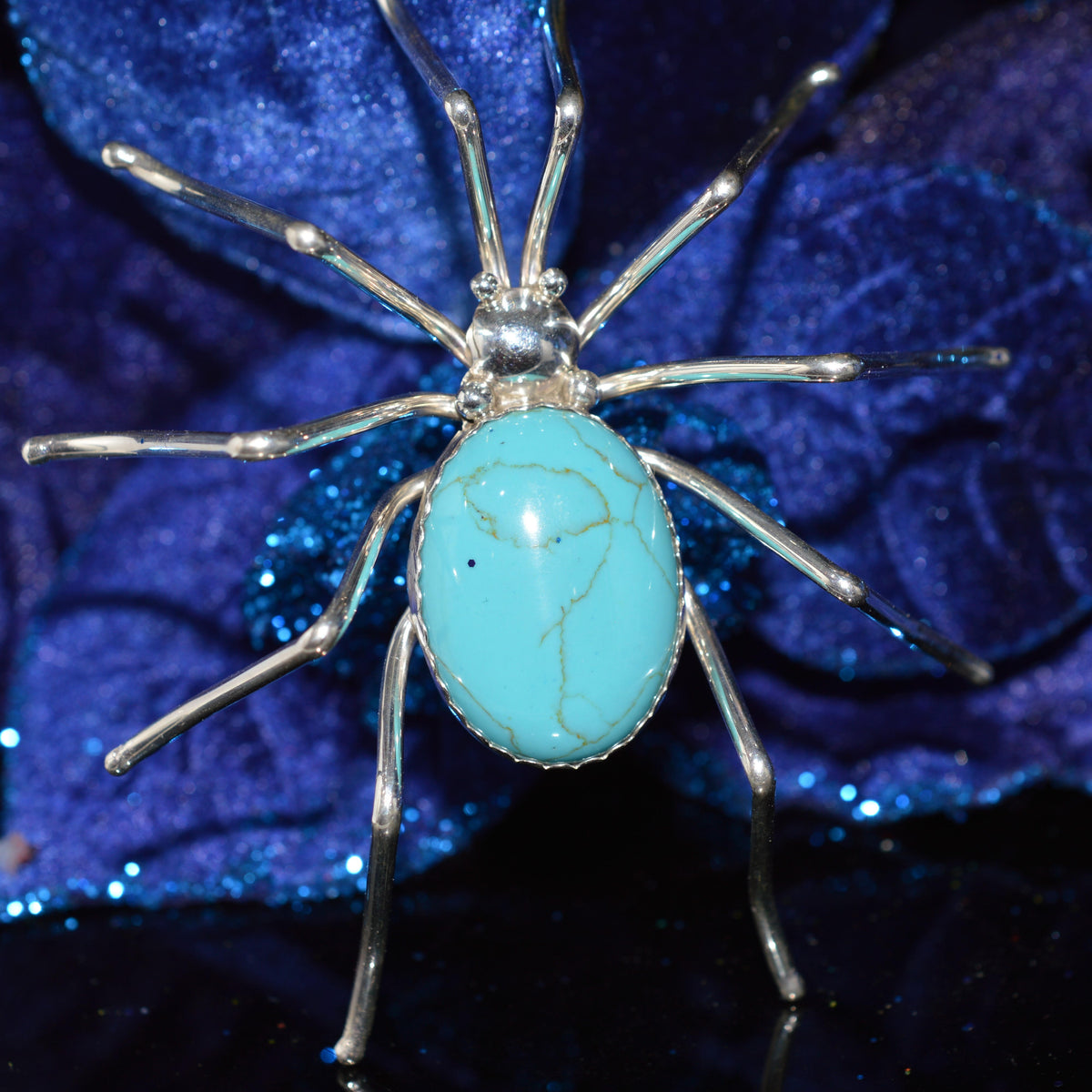 Sterling Silver Native American Artist Signed Turquoise Spider Brooch