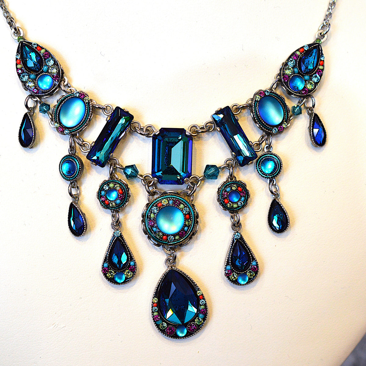 Antique Silver Plated Elaborate Kensington Necklace With Bermuda Blue Crystals by Firefly