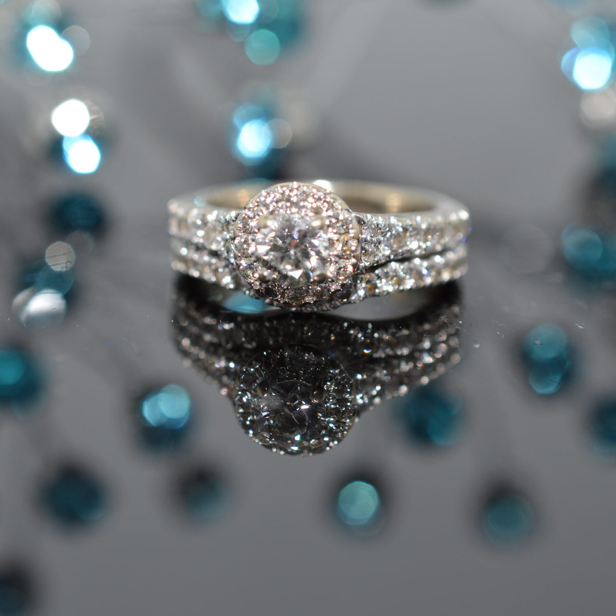 14K White Gold "Tolkowsky" Diamond 2 Piece Engagement Ring Set