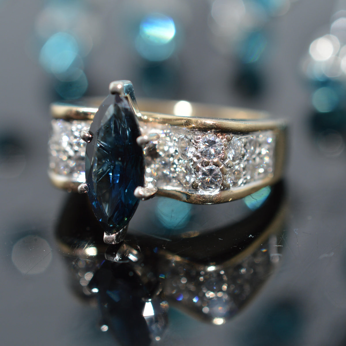 14K Two Tone Gold Ring With Marquise Sapphire & Diamonds