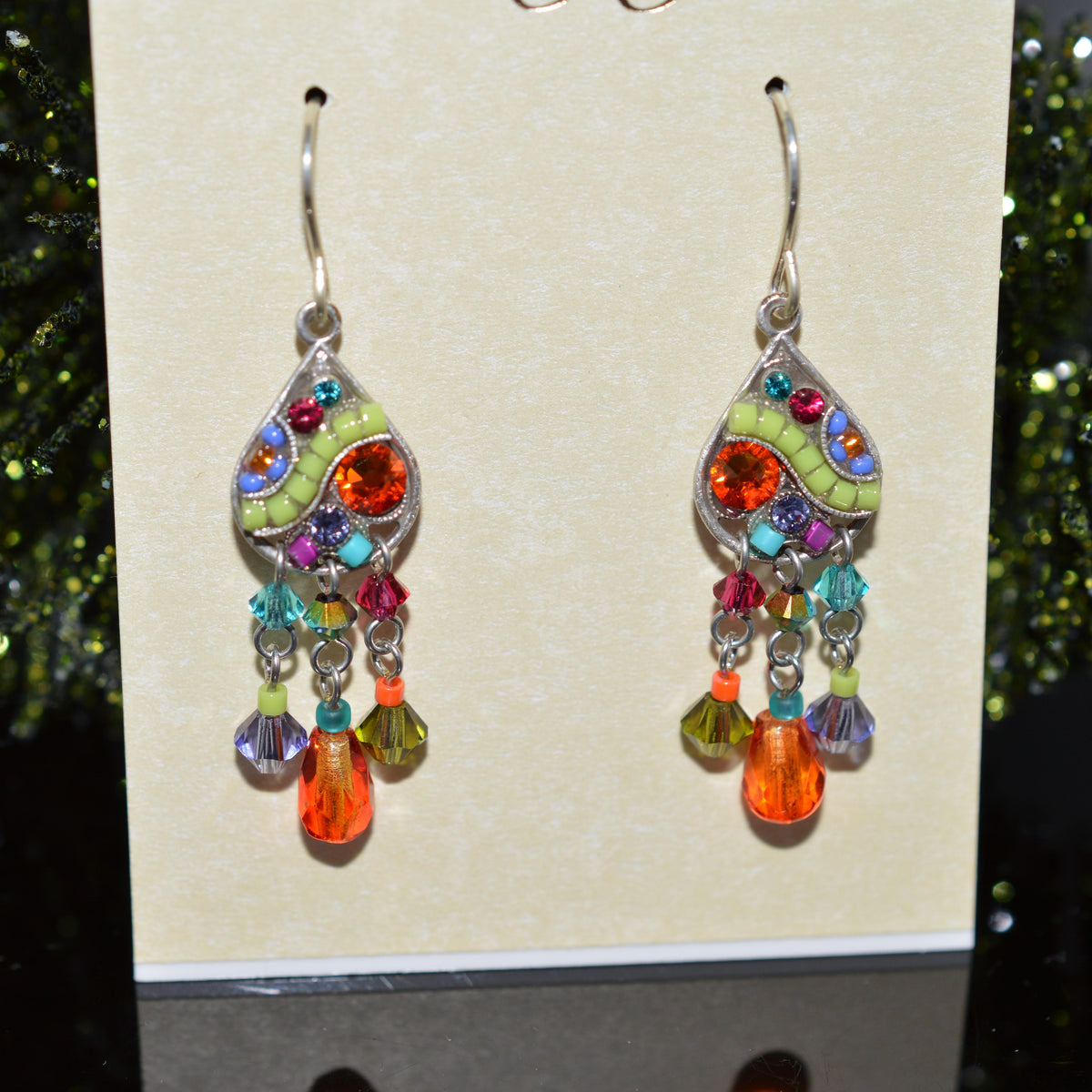 Antique Silver Plated Mosaic Multi-Color Crystal Earrings by Firefly