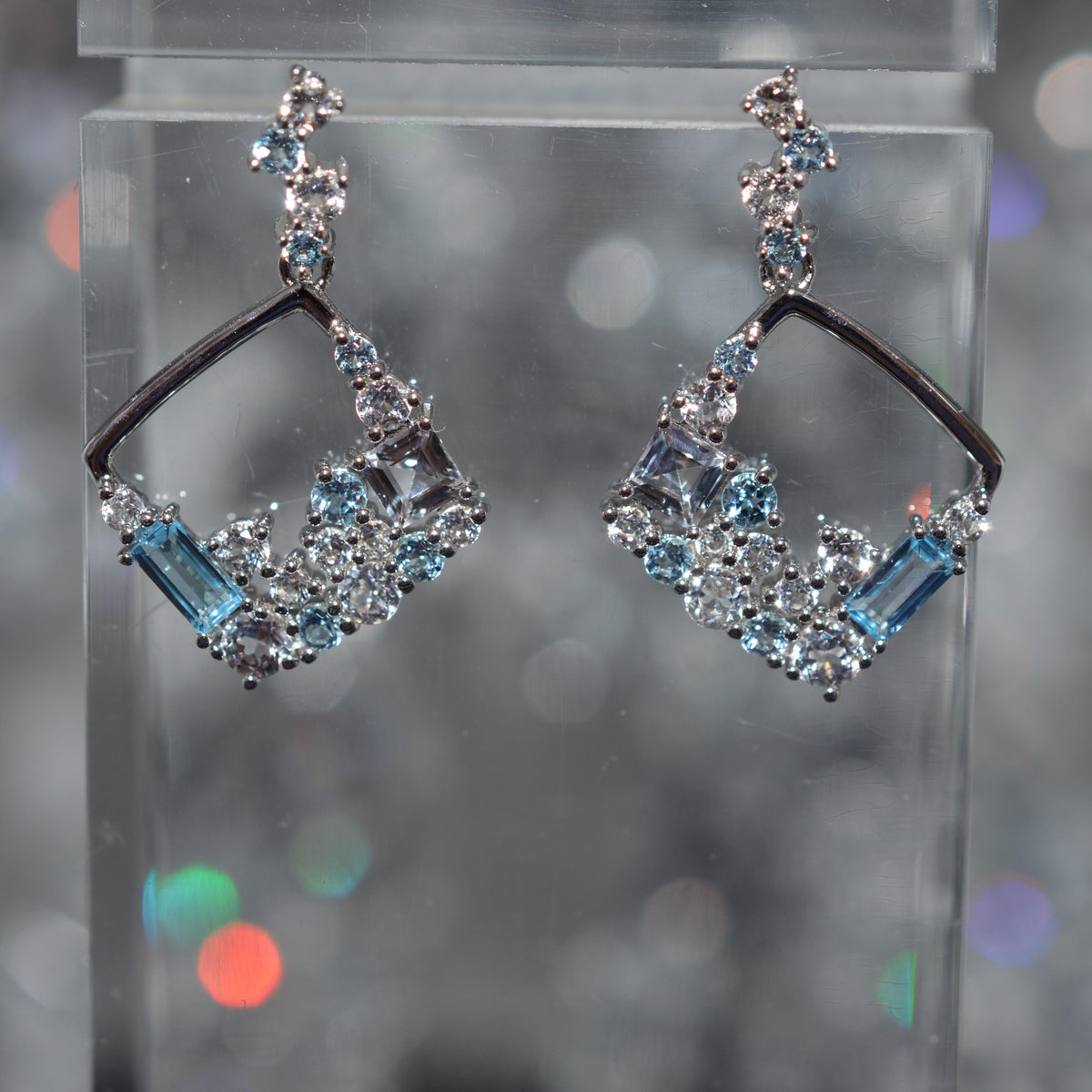 Sterling Silver Square Confetti Earrings With White & Blue Topaz Gemstones