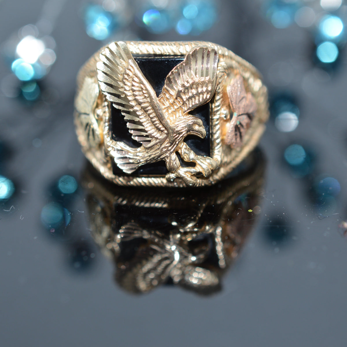 10K Tri-Color Black Hills Gold Black Onyx & Eagle Ring