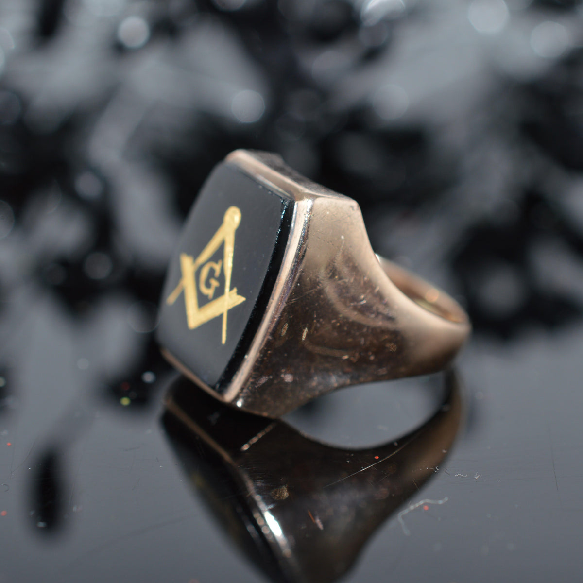 10K Yellow Gold Solid Back Black Onyx Masonic Ring