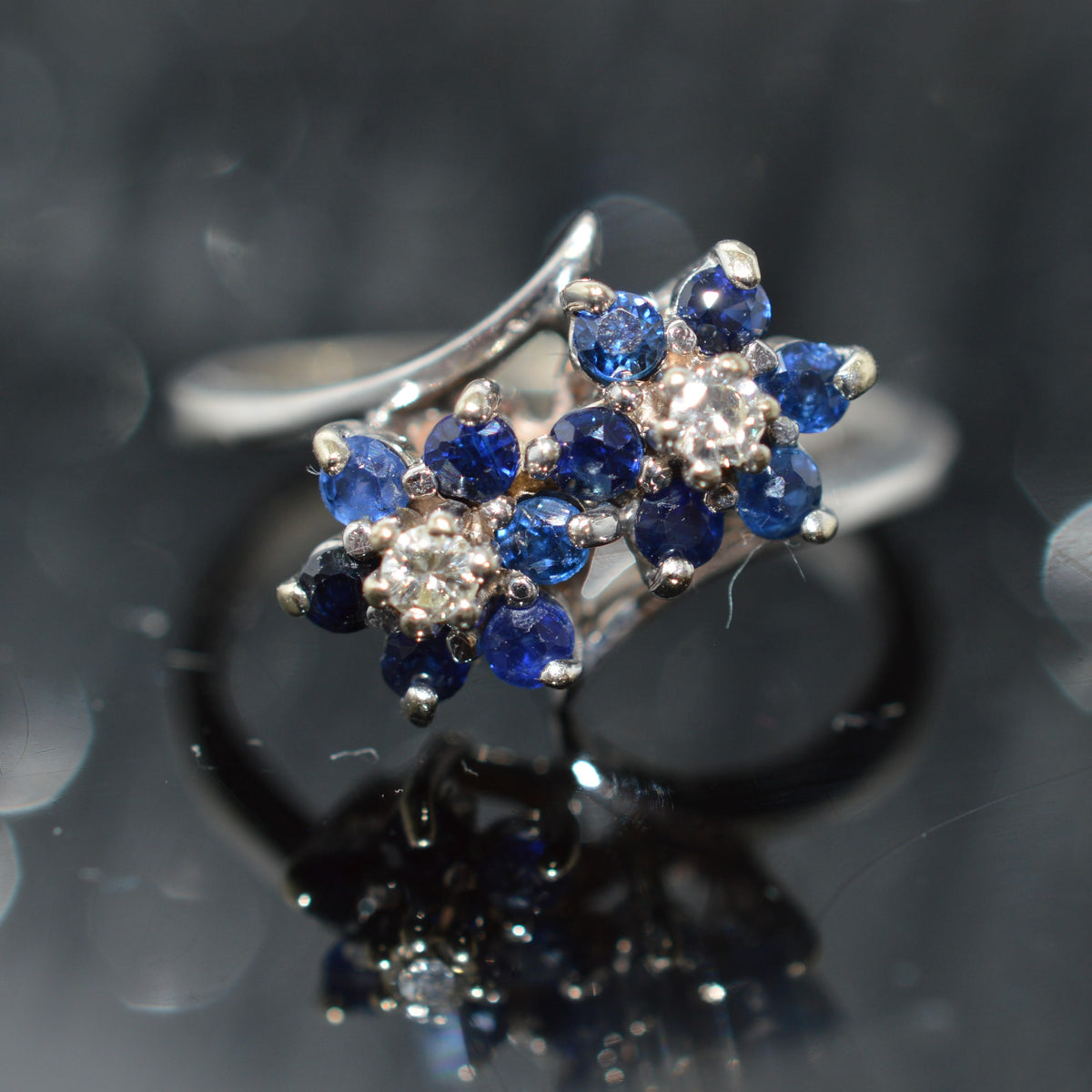 14K White Gold Ring With 2 Flower Shape Clusters Of Sapphires & Diamonds