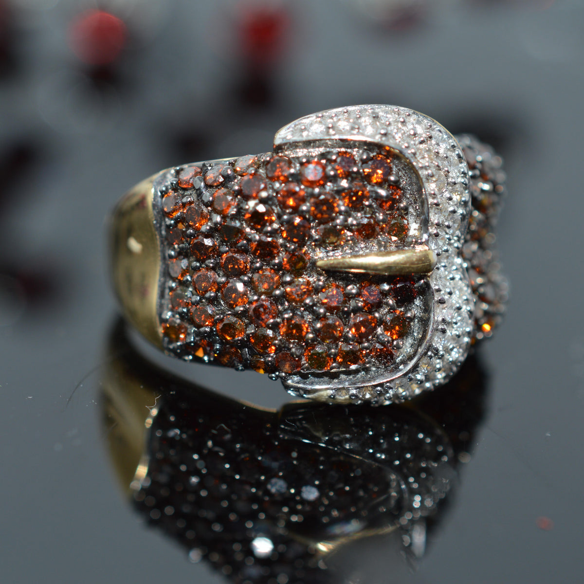 14K Two Tone Gold White & Reddish Brown Diamond Buckle Ring