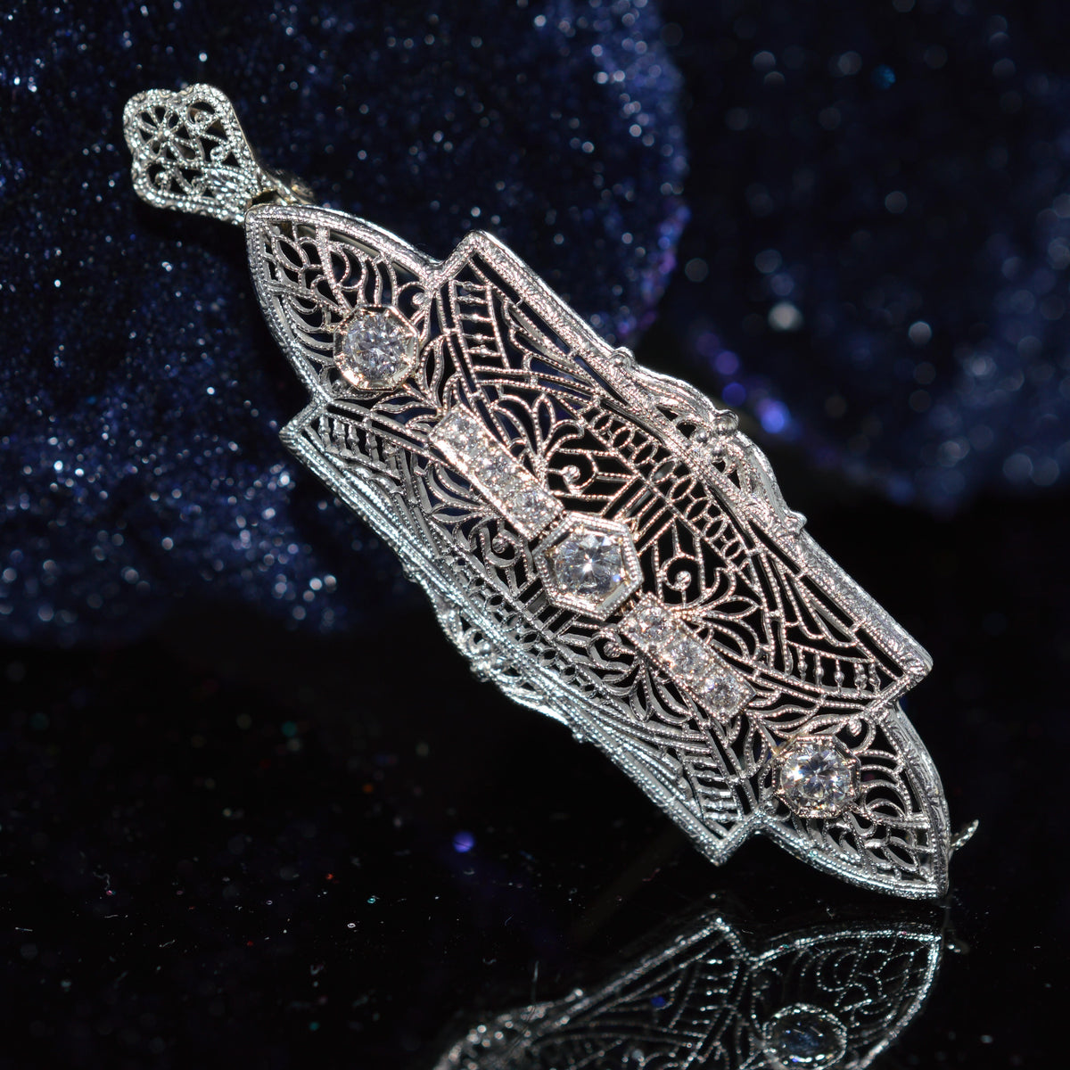 14K White Gold Antique Filigree Diamond Pin & Pendant