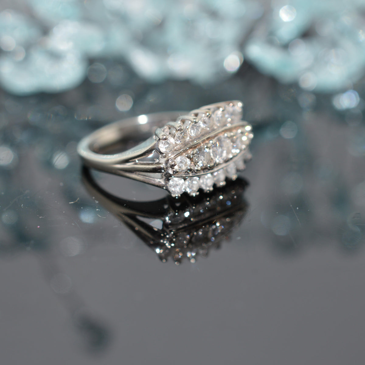 14K White Gold 1 Carat Total Weight 3 Row Diamond Ring