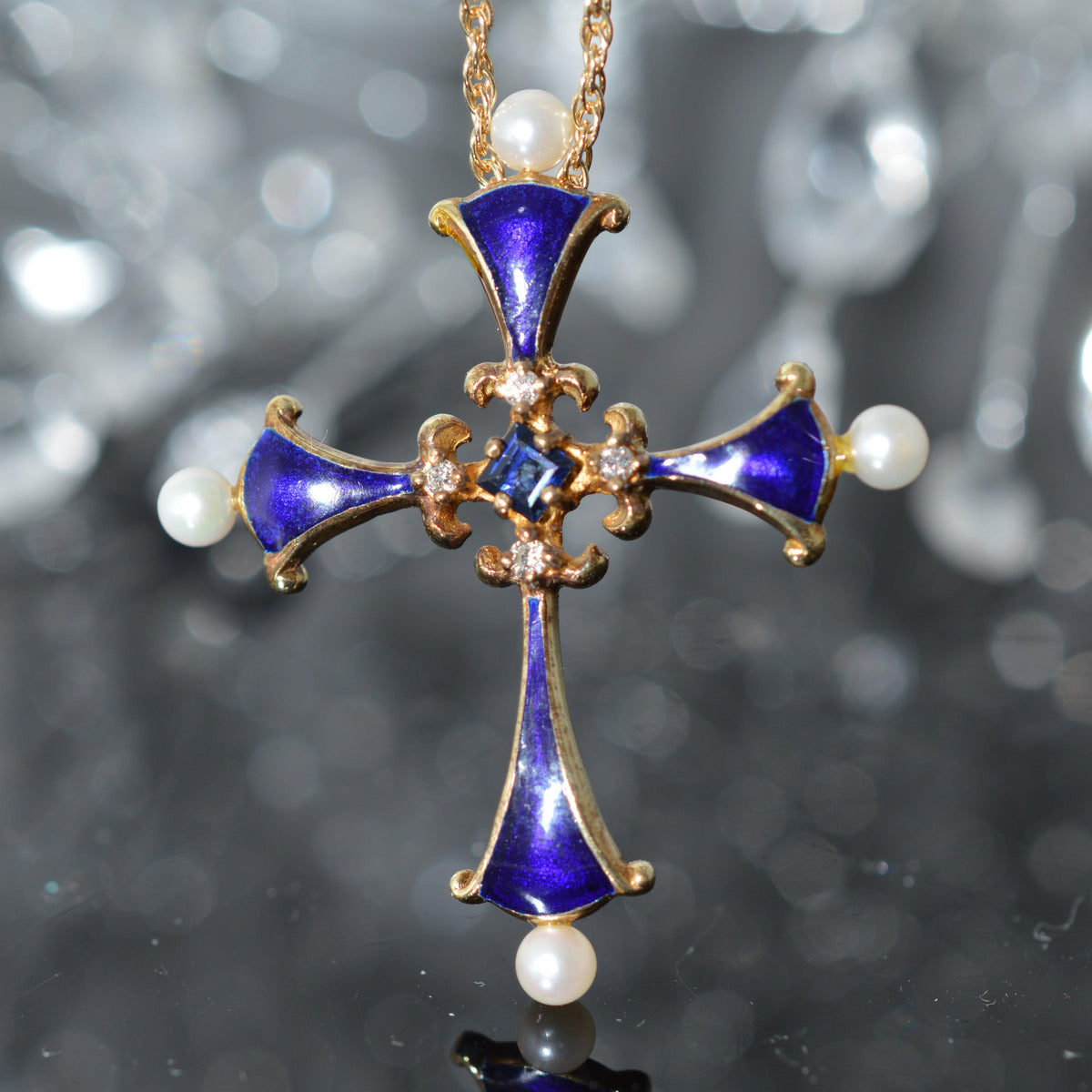 14K Yellow Gold Sapphire Midnight Cross Necklace by Igor Carl Faberge