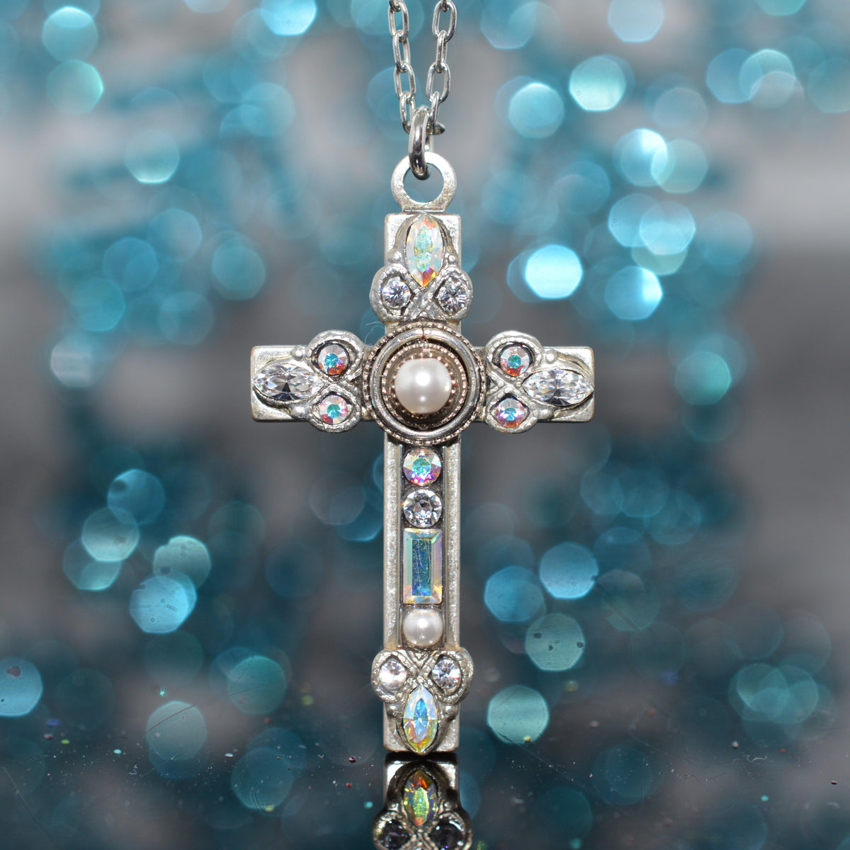 Antique Silver Plated Delicate Pearl And Crystal Cross Pendant by Firefly