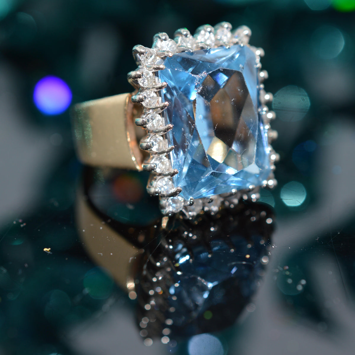 14K Two Tone Gold Ring With A Large Synthetic Spinel & A Halo Of Diamonds