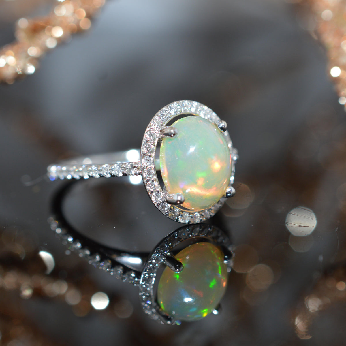 14K White Gold Oval Ethiopian Opal & Diamond Ring