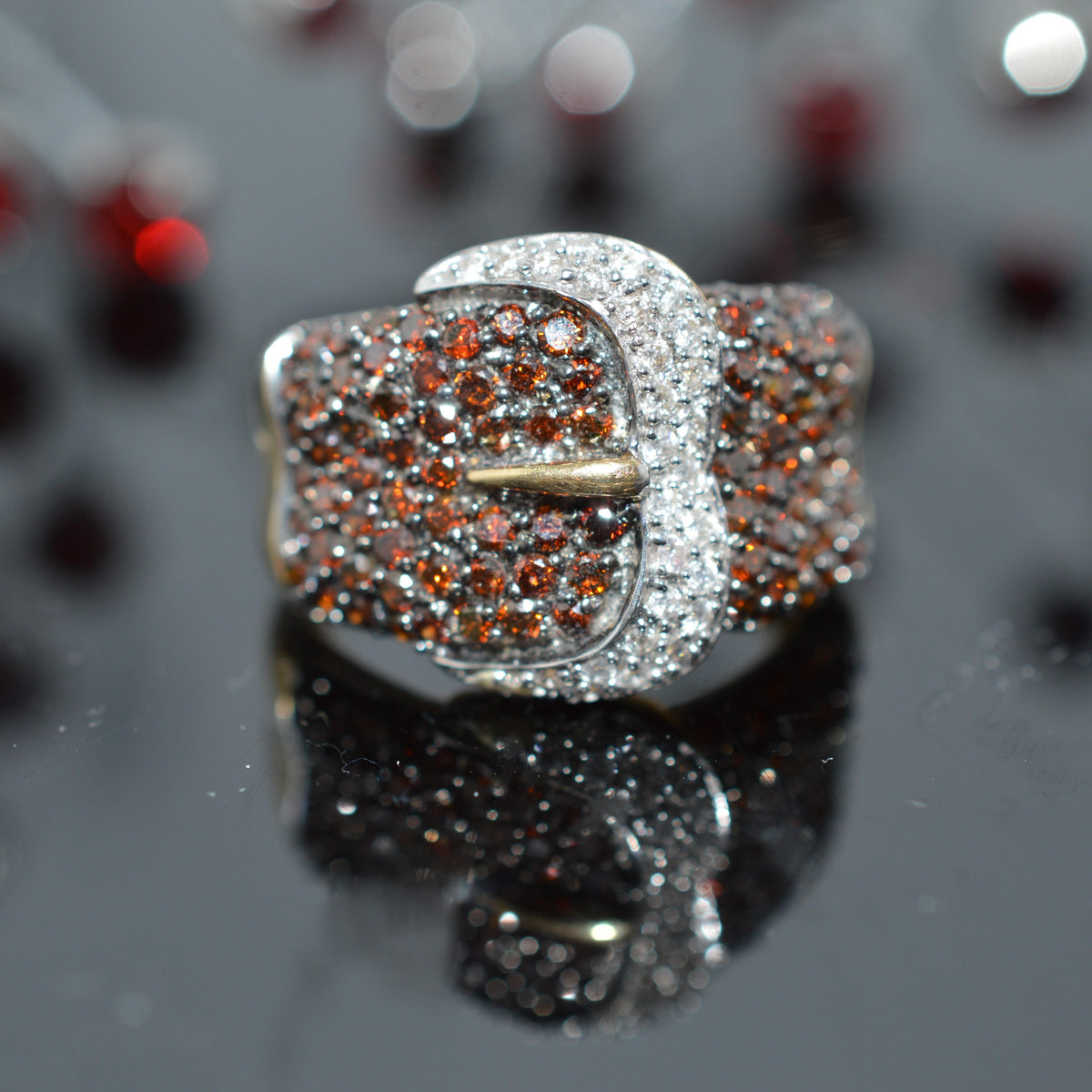 14K Two Tone Gold White & Reddish Brown Diamond Buckle Ring
