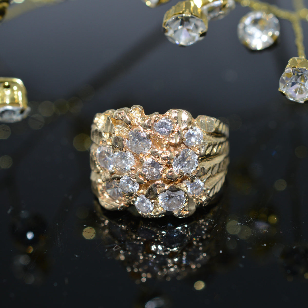 14K Diamond Cut Nugget Design Diamond Ring