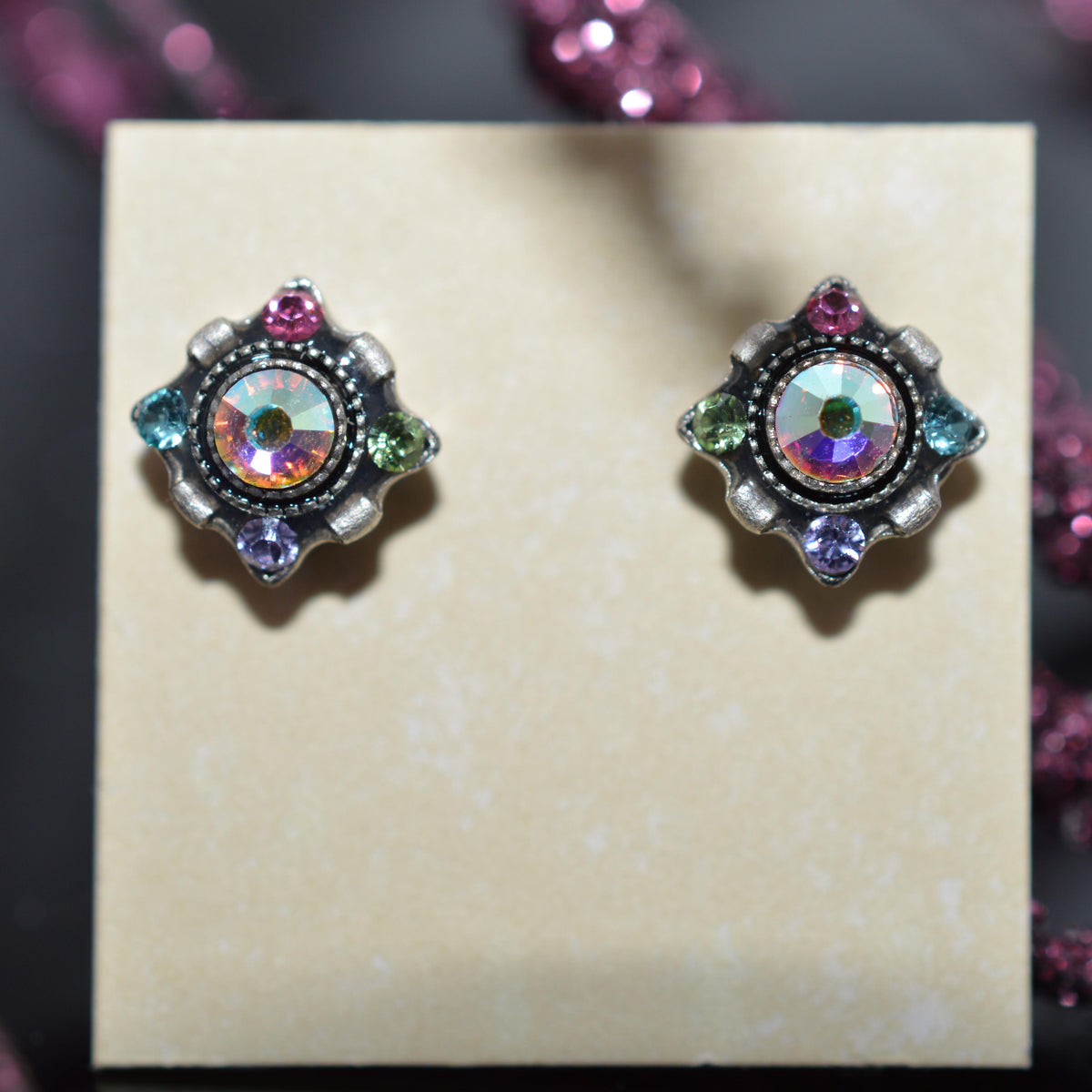 Antique Silver Plated Dulce Petite Stud Soft Multi-Color Crystal Earrings by Firefly