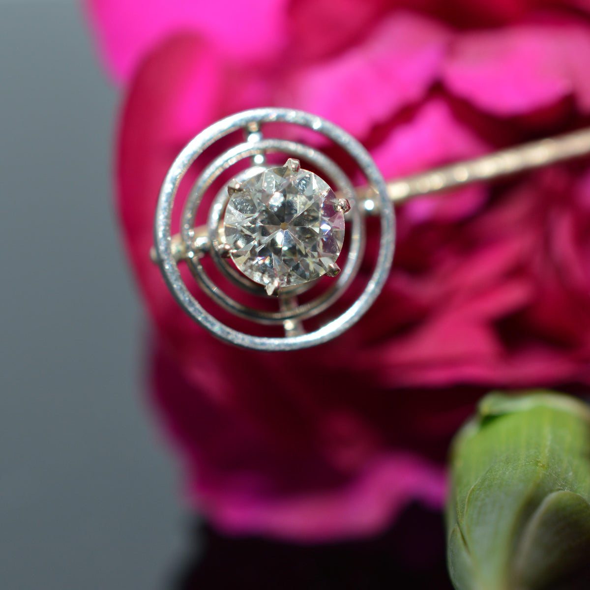 14K Yellow Gold Old European Cut Diamond Stickpin With Platinum Triple Halo