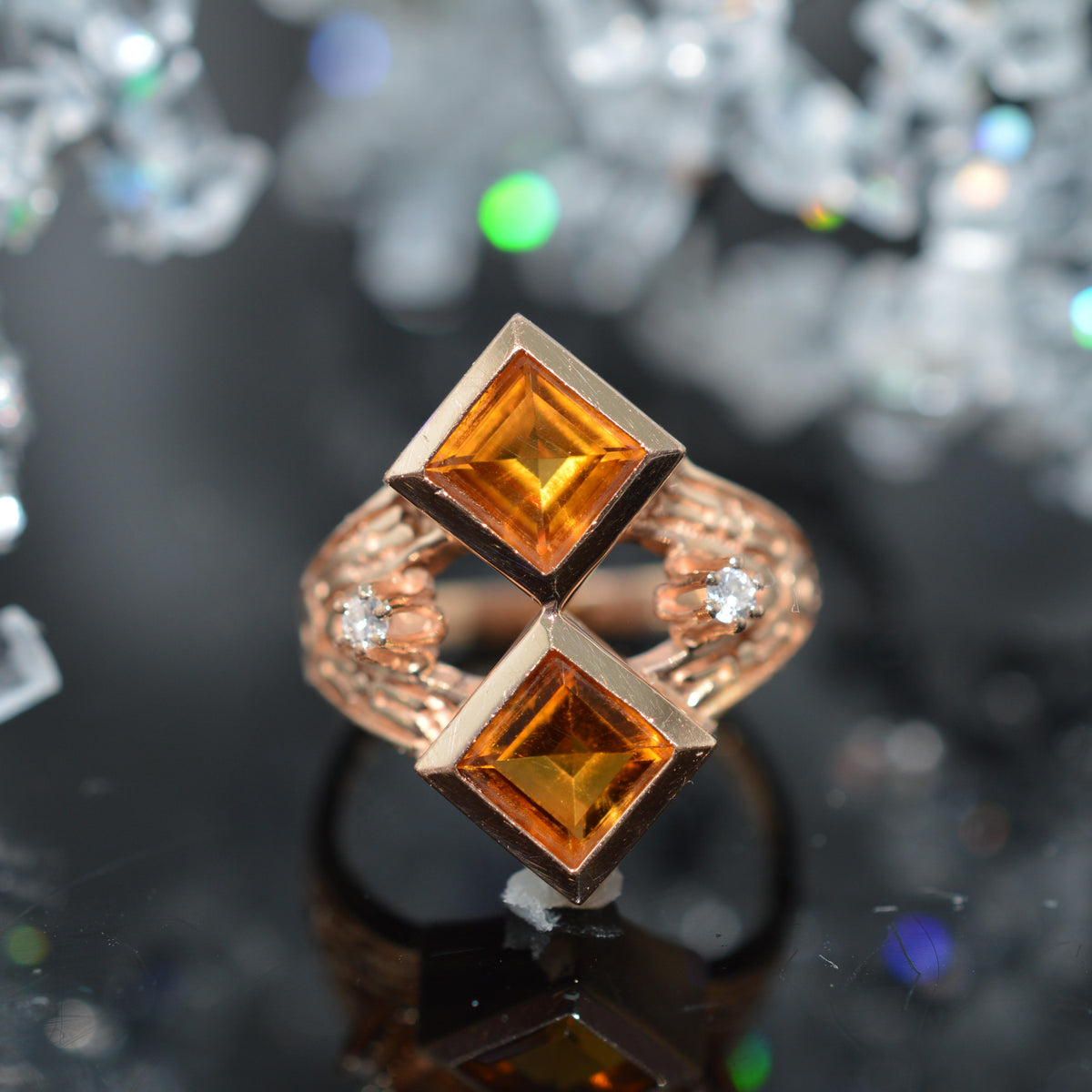 14K Yellow Gold Ring With 2 Square Cut Citrines & 2 Diamonds
