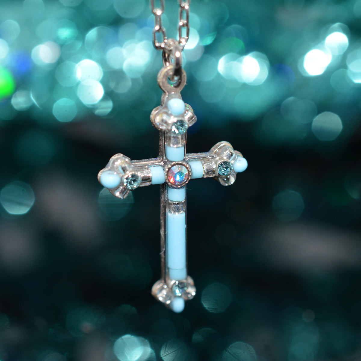 Antique Silver Plated Simple Ice Color Crystal Cross Pendant by Firefly
