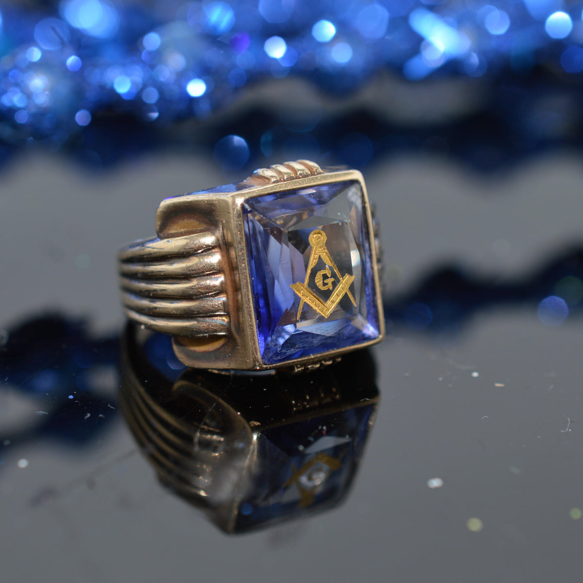 10K Yellow Gold Masonic Ring With Rectangular Synthetic Blue Spinel